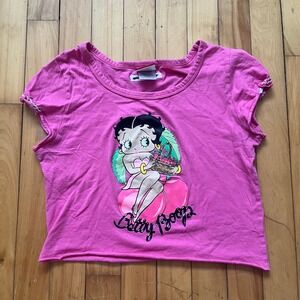 Betty Boop Vintage 2008 Pink Graphic Crop Top Cap Sleeve Baby Tee Womens Medium